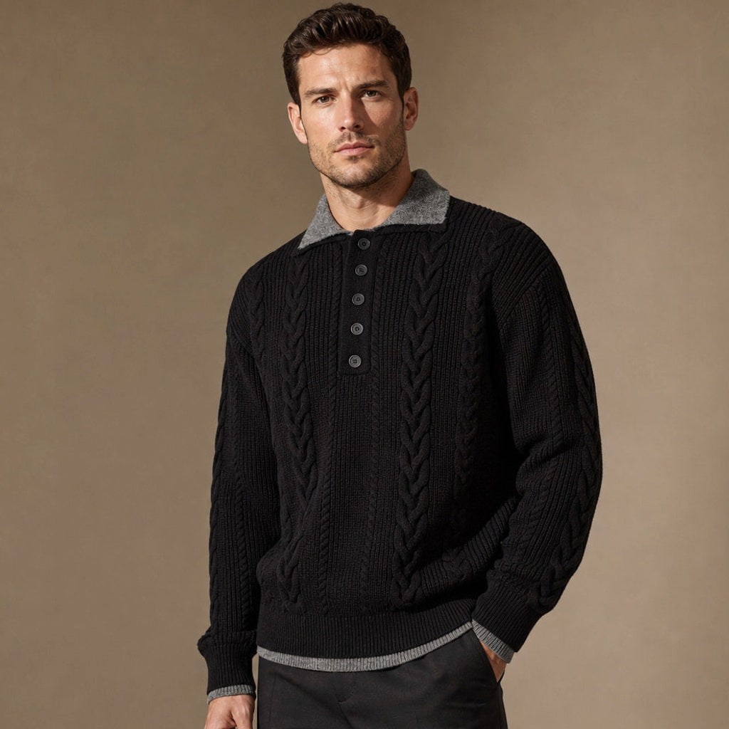 Zeno | Zopfstrickpullover mit Hemdkragen Schwarz – Seitenansicht
