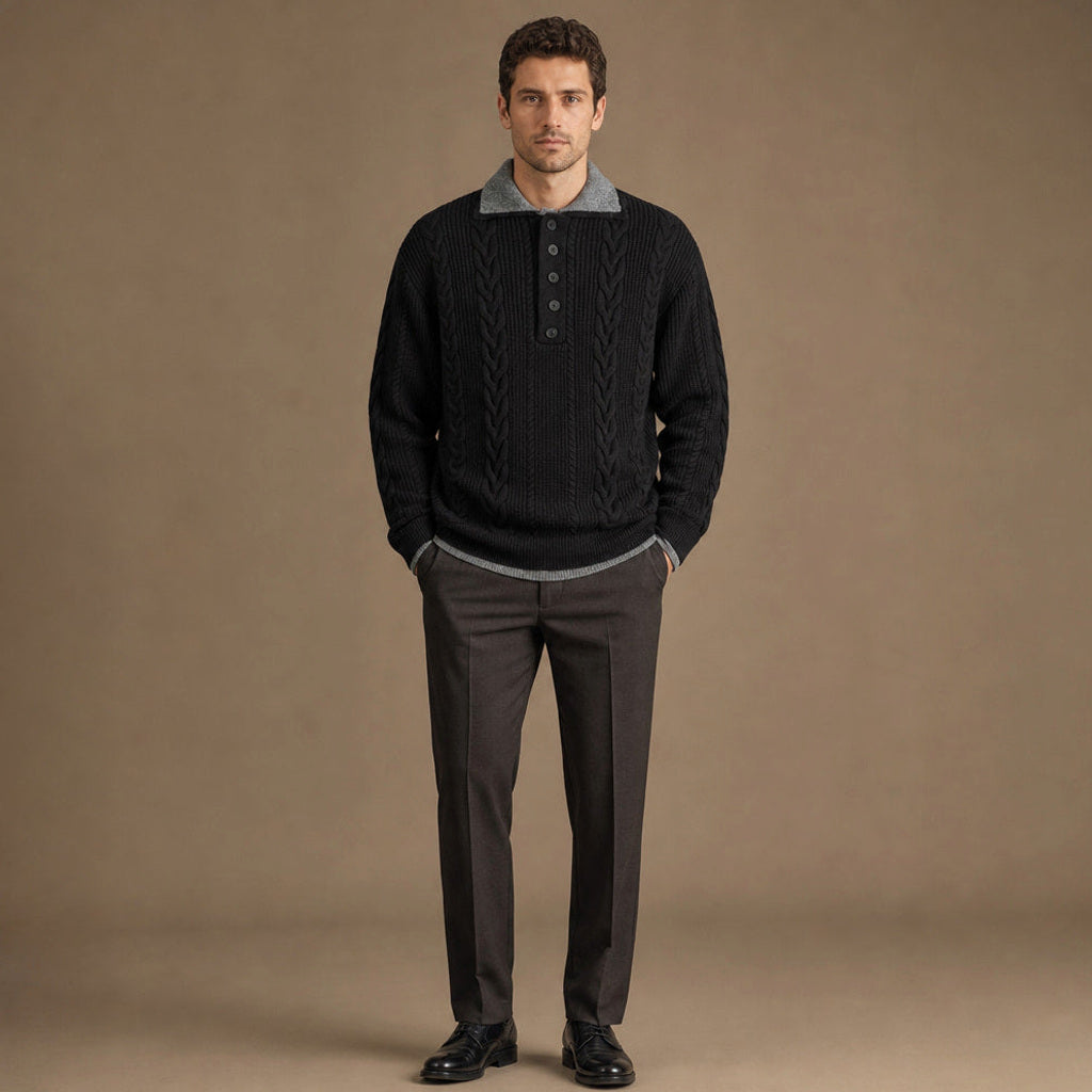 Zeno | Zopfstrickpullover mit Hemdkragen Schwarz – Gesamtlook