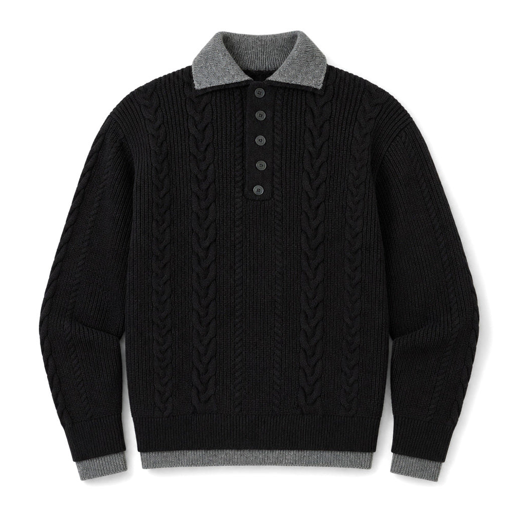 Zeno | Zopfstrickpullover mit Hemdkragen Schwarz – Produktfoto