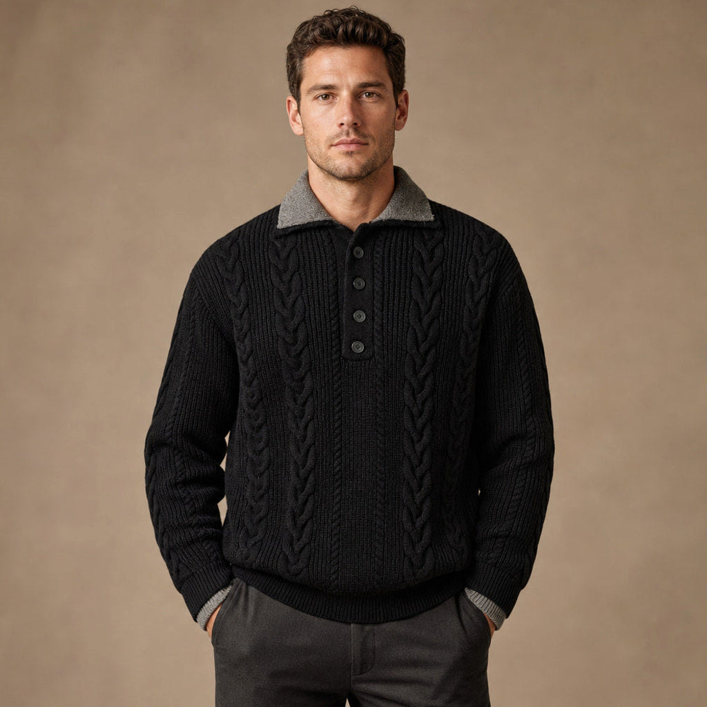Zeno | Zopfstrickpullover mit Hemdkragen in Schwarz – Premium Editorial