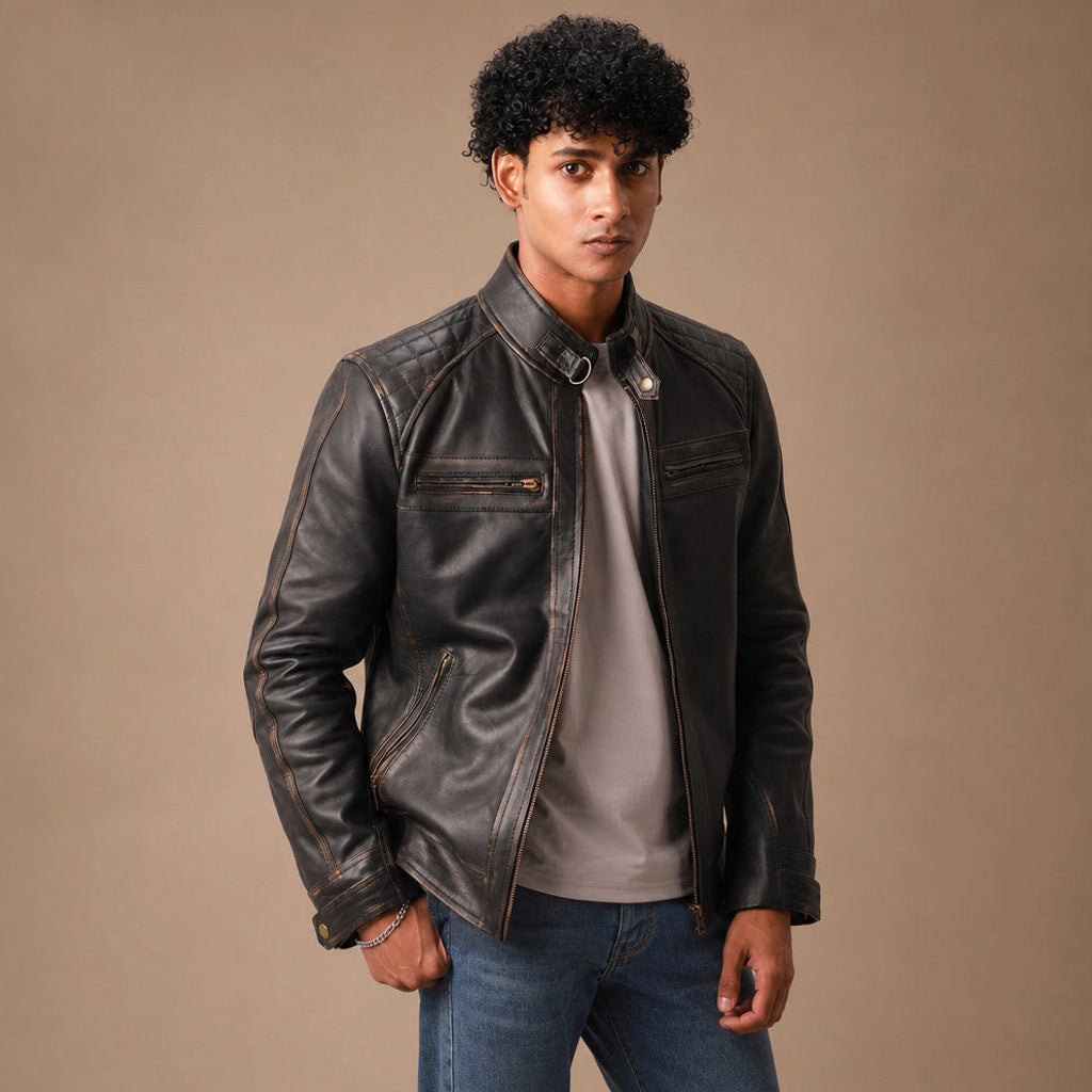Braune Herren Lederjacke im Bikerstil mit Taillenschnallen