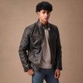 Braune Herren Lederjacke im Bikerstil mit Taillenschnallen