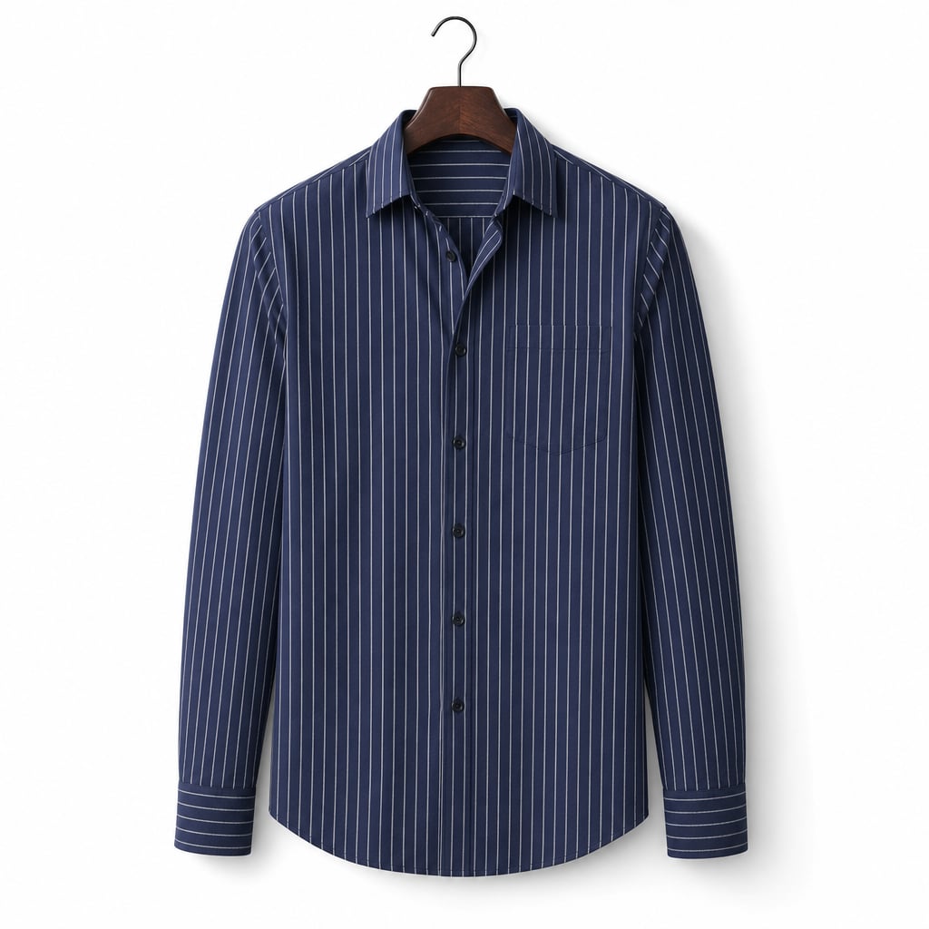 Mann trägt das Enzaco Montoro Streifenhemd in Marineblau, Regular Fit, lässig offen getragen über Chino