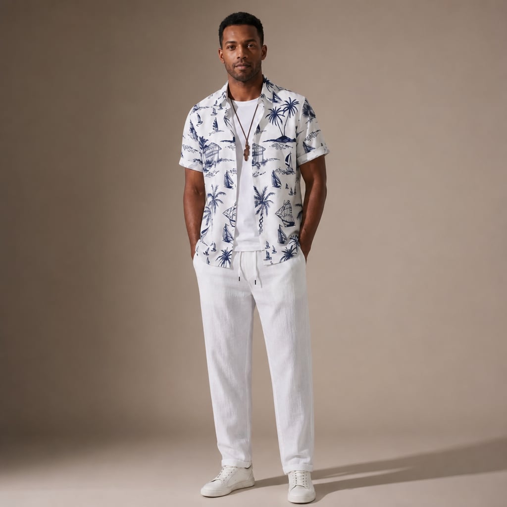 Zweiteiliges Herren-Set in Weiß mit Insel-Segelprint — Hemd mit offenem Kragen und Straight-Leg-Hose aus leichtem Polyester
