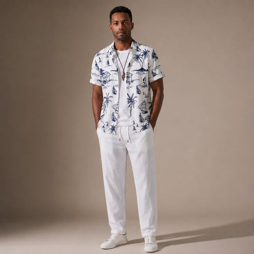 Zweiteiliges Herren-Set in Weiß mit Insel-Segelprint — Hemd mit offenem Kragen und Straight-Leg-Hose aus leichtem Polyester