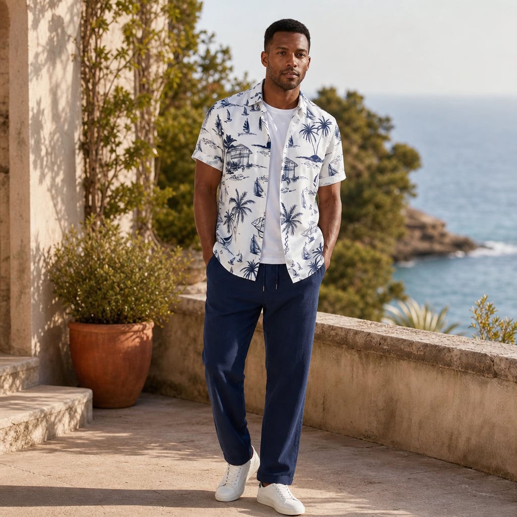 Freizeithemd & Hose Set Insel-Print Leichtes Polyester – Maxo
