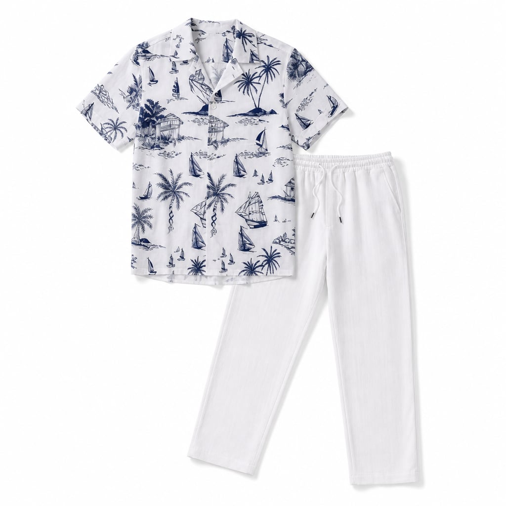 Freizeithemd & Hose Set Insel-Print Leichtes Polyester – Maxo