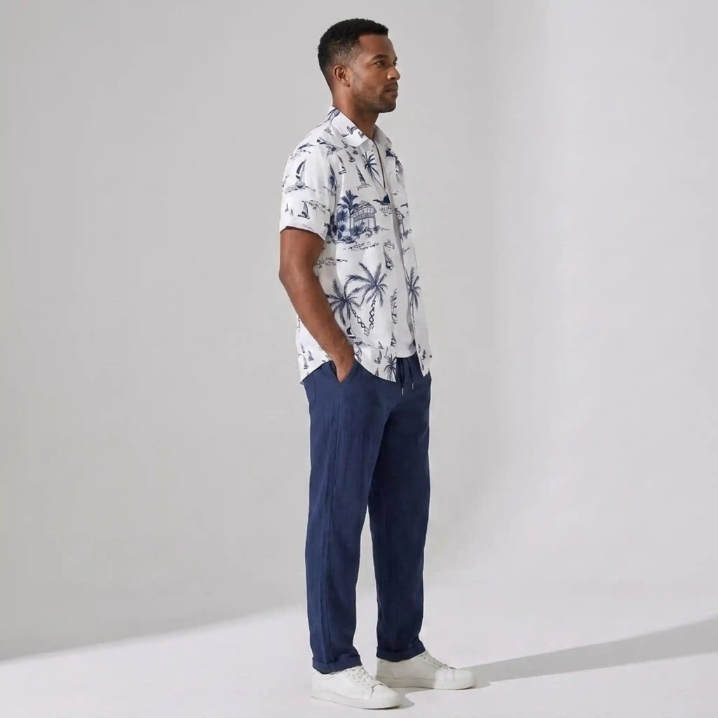 Freizeithemd & Hose Set Insel-Print Leichtes Polyester – Maxo