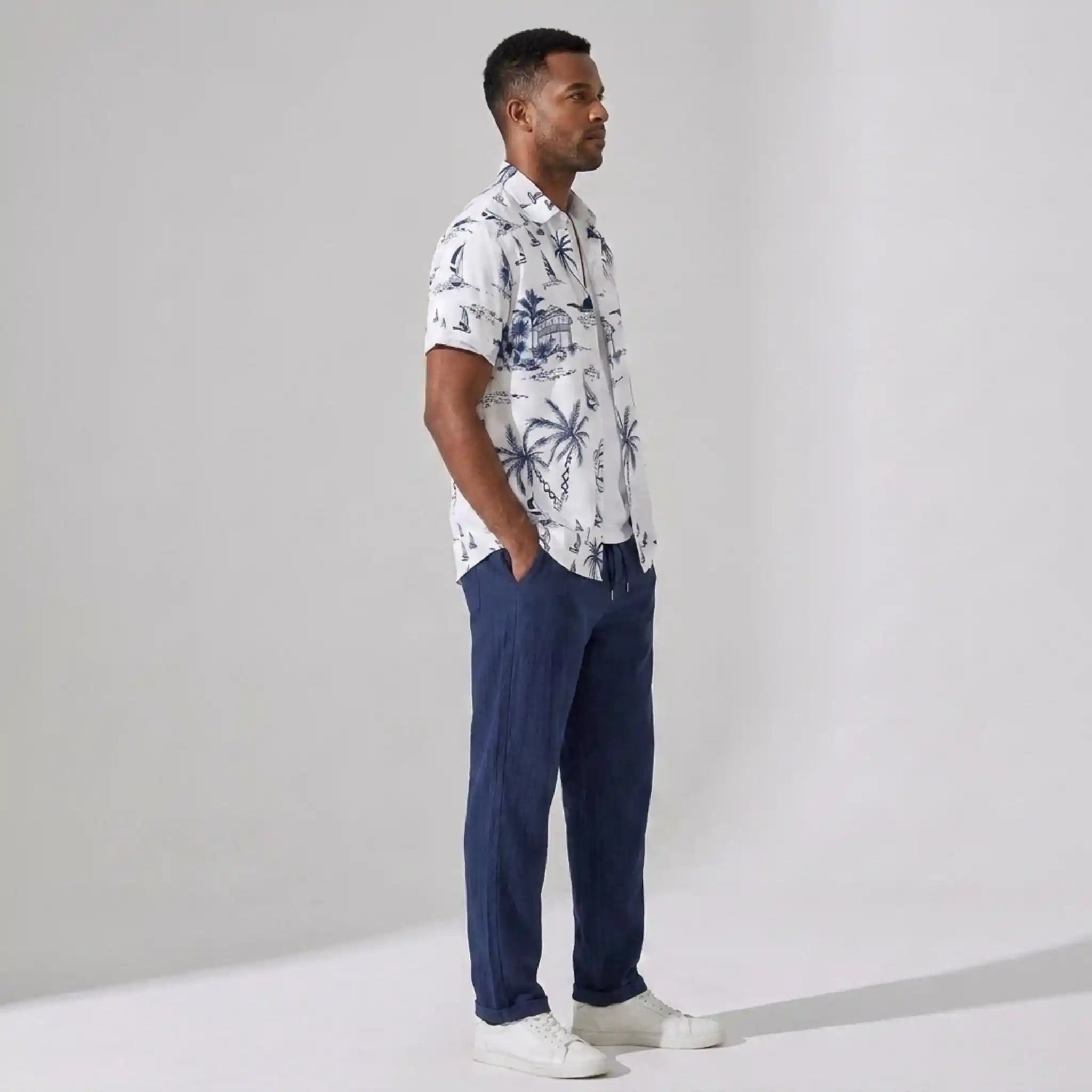 Freizeithemd & Hose Set Insel-Print Leichtes Polyester – Maxo