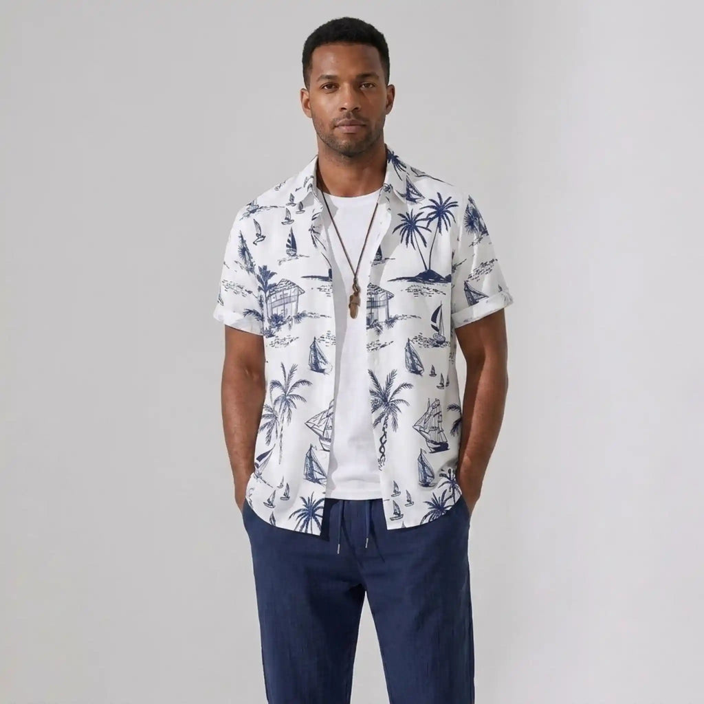 Freizeithemd & Hose Set Insel-Print Leichtes Polyester – Maxo