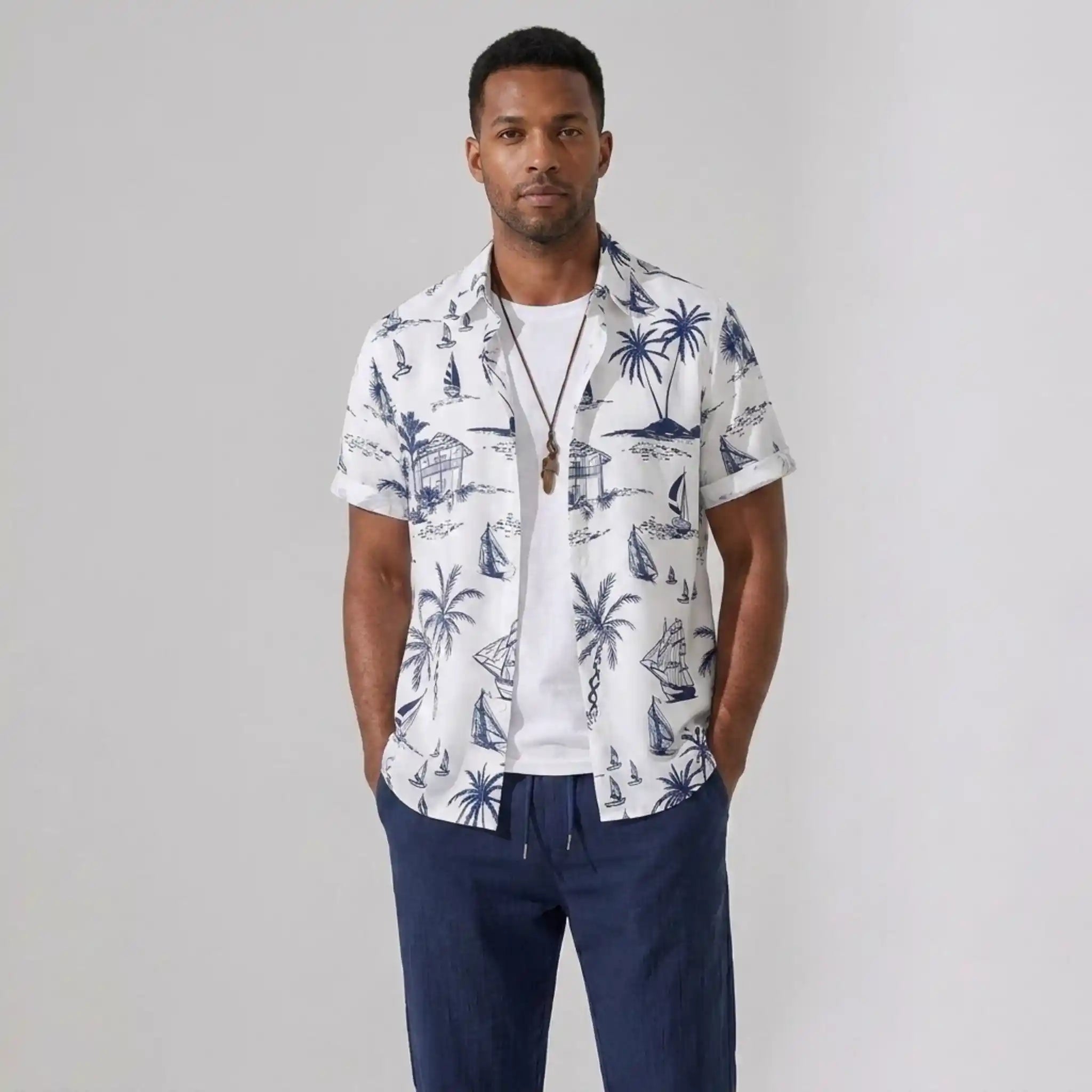 Freizeithemd & Hose Set Insel-Print Leichtes Polyester – Maxo