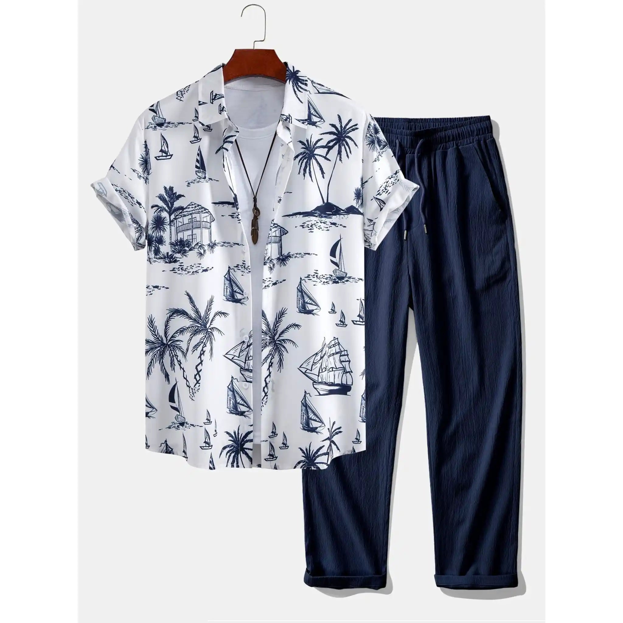 Freizeithemd & Hose Set Insel-Print Leichtes Polyester – Maxo