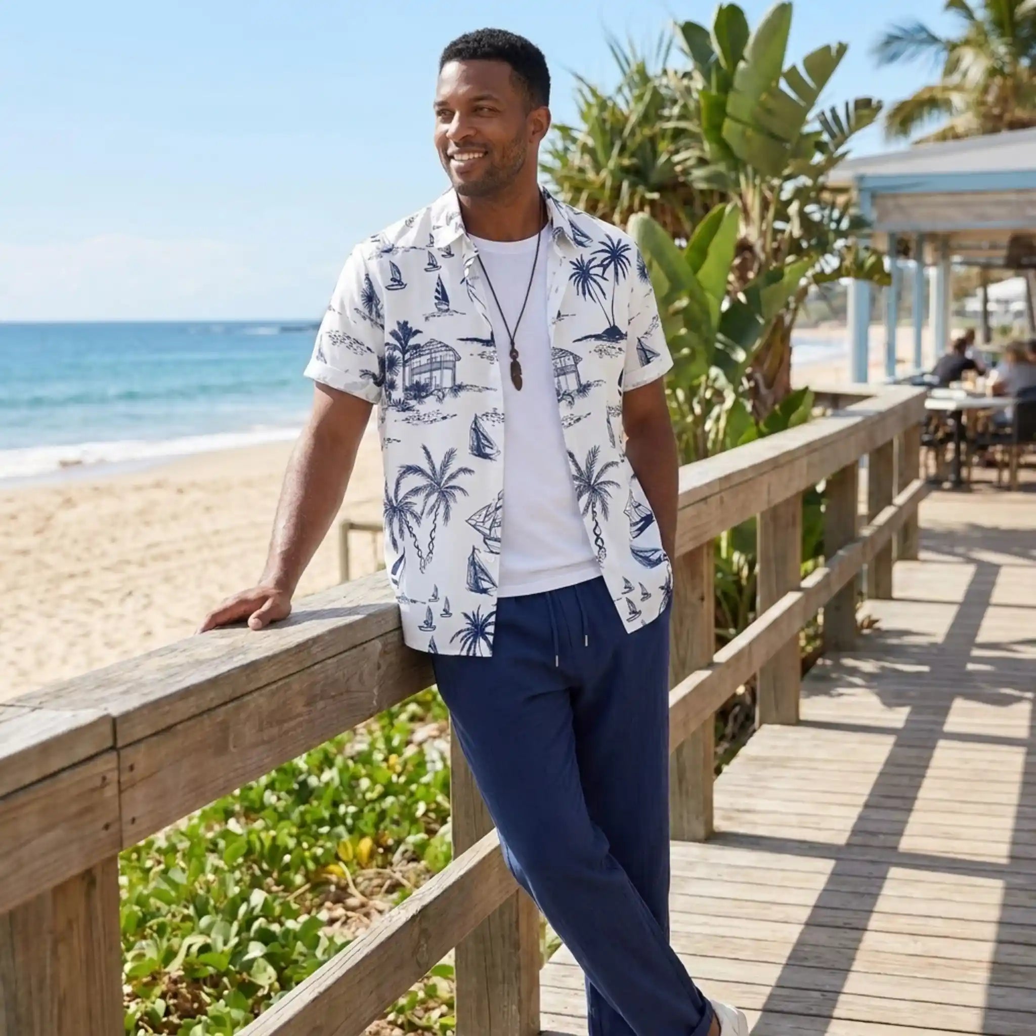 Freizeithemd & Hose Set Insel-Print Leichtes Polyester – Maxo