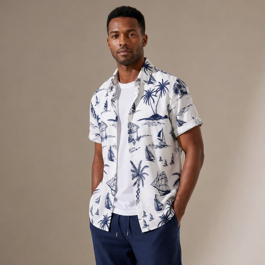 Freizeithemd & Hose Set Insel-Print Leichtes Polyester – Maxo
