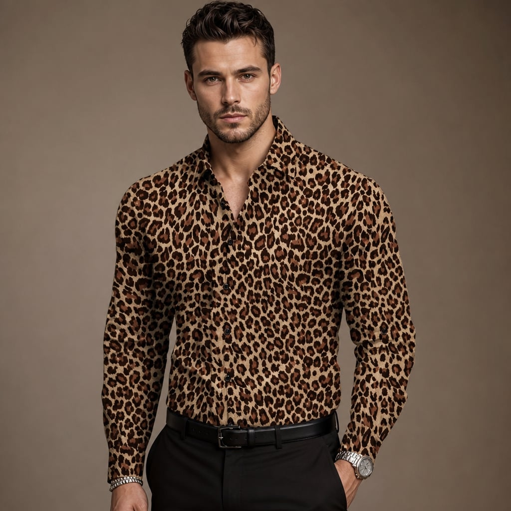 Freizeithemd mit Leopardenmuster in Braun, Camp-Collar und Relaxed Fit, Frontansicht