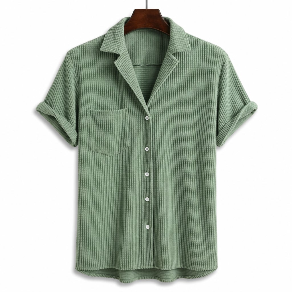 Mann trägt Waffelstrick-Freizeithemd in Sage, locker geschnitten, Langarm, offen über T-Shirt