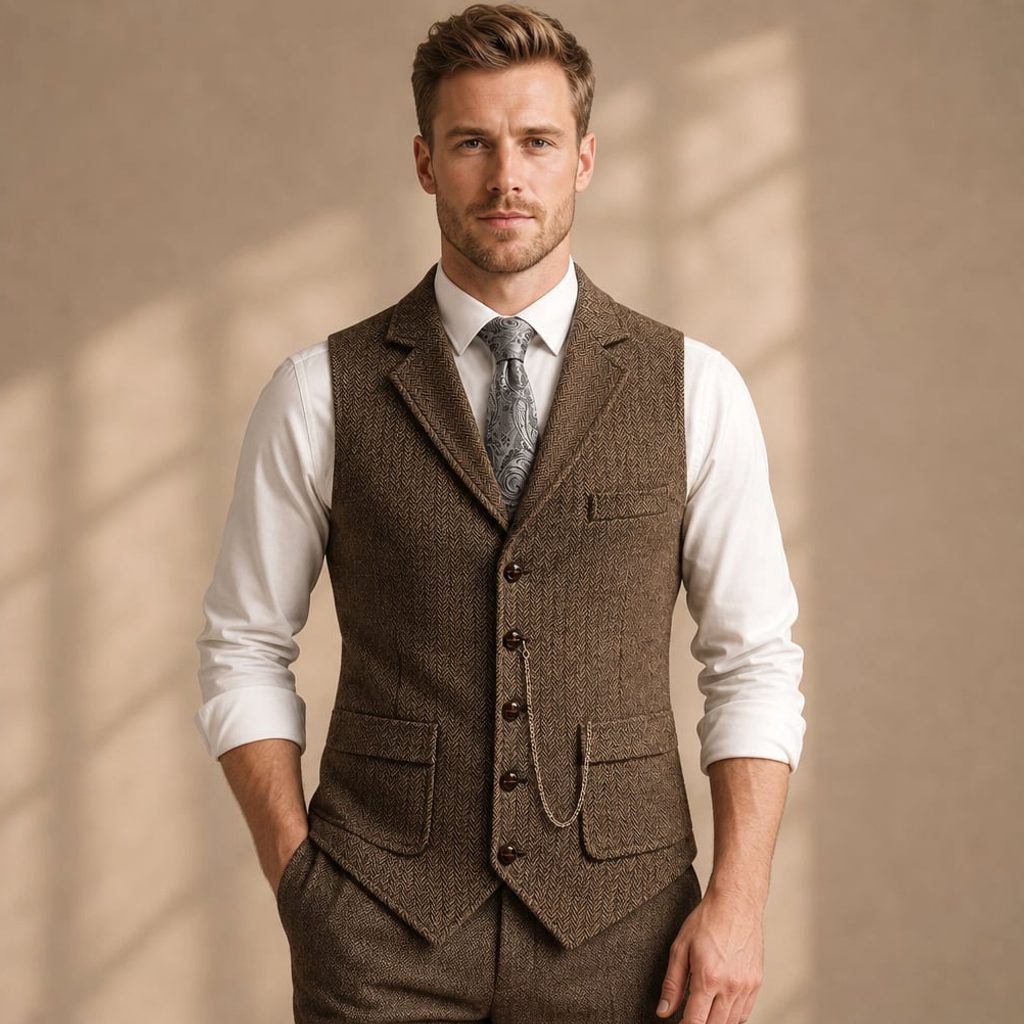 Frithjof | Weste Fischgrat-Tweed Strukturiert Kette Revers