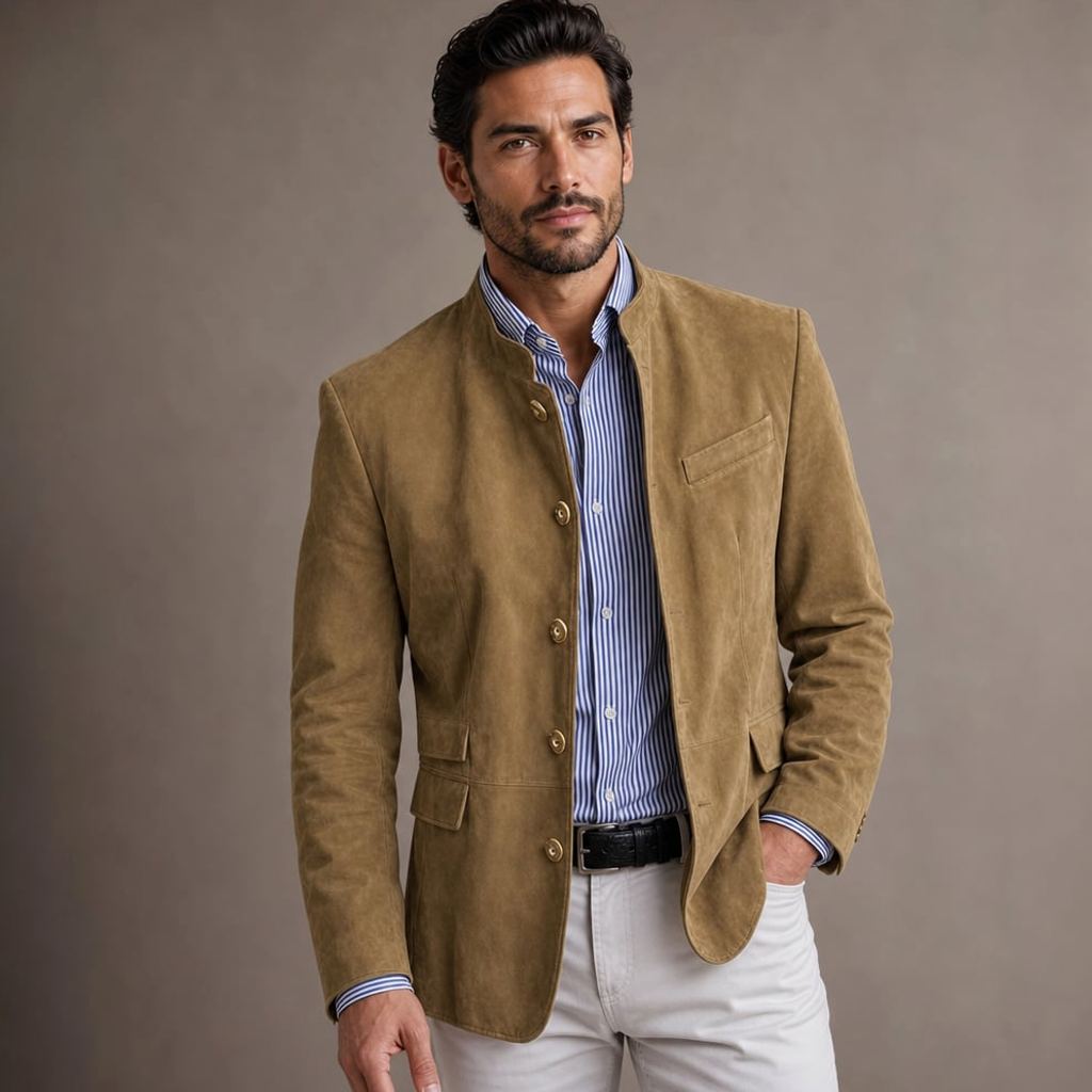 Arven Blazer in Khaki — Wildlederoptik, Single-Breasted, Relaxed Fit, Frontansicht auf neutralem Hintergrund