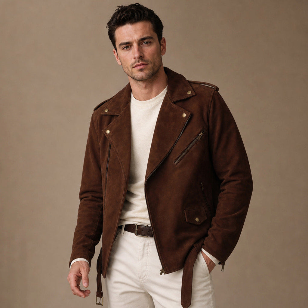 Mann trägt braune Wildleder-Bikerjacke mit Gürtelbund über Strickpullover