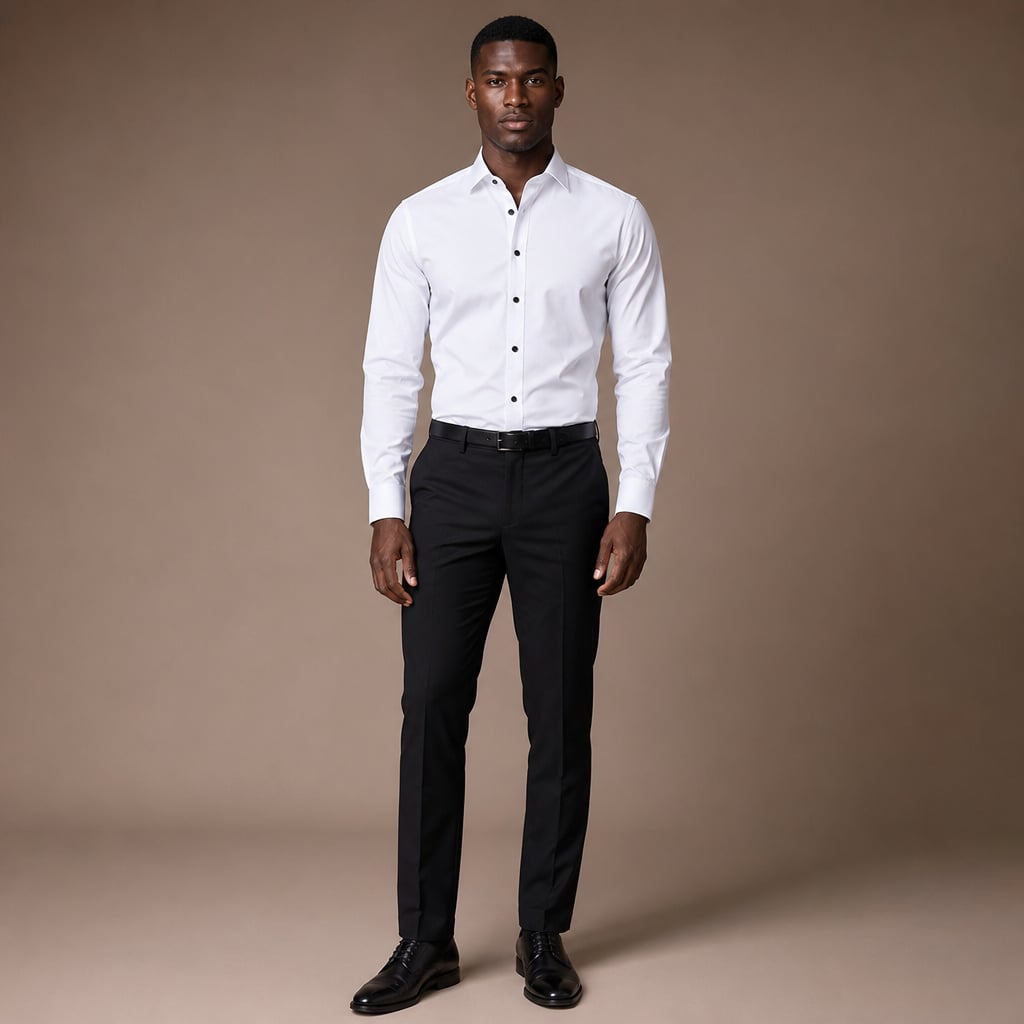 Männermodel trägt weißes Slim-Fit-Hemd mit Kentkragen zu einem dunklen Blazer — Business-Look