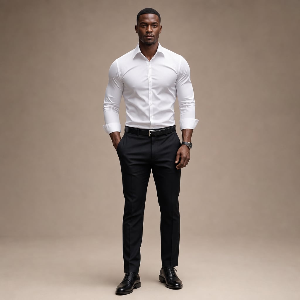 Mann trägt schwarzes Slim-Fit-Hemd mit Spitzkragen, kombiniert mit dunkler Anzughose