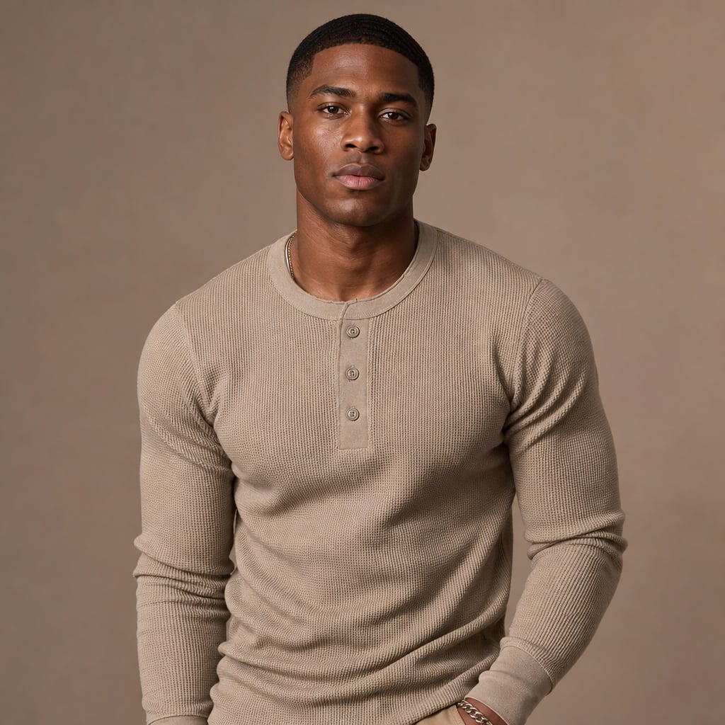 Henley-Shirt im Waffelstrick in der Farbe Camel, Slim Fit, Henley-Ausschnitt mit Knopfleiste, Frontansicht