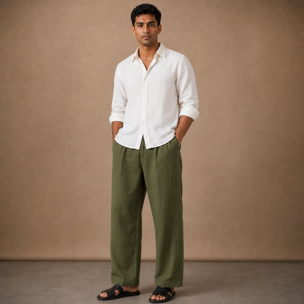 Leinen-Baumwoll-Hose in Sommergrün mit Relaxed Fit, Frontansicht auf hellem Hintergrund
