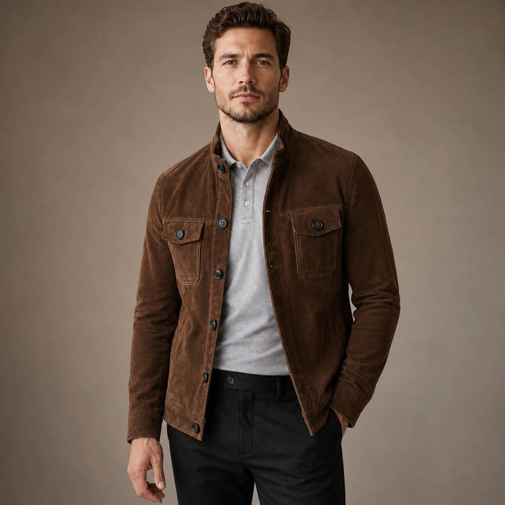 Chore-Coat mit Wildleder-Finish in Braun — Relaxed Fit Arbeitsjacke von Enzaco, Modell Ardron, Frontansicht