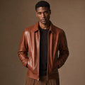 Braune Lederjacke im Bikerstil aus Lammleder mit Hemdkragen