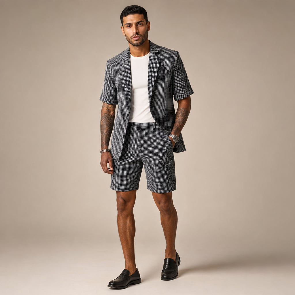 Zweiteiliges Karo-Set in Schwarz mit kurzärmeligem Blazer und passenden Shorts, Slim Fit, Frontansicht auf hellem Hintergrund