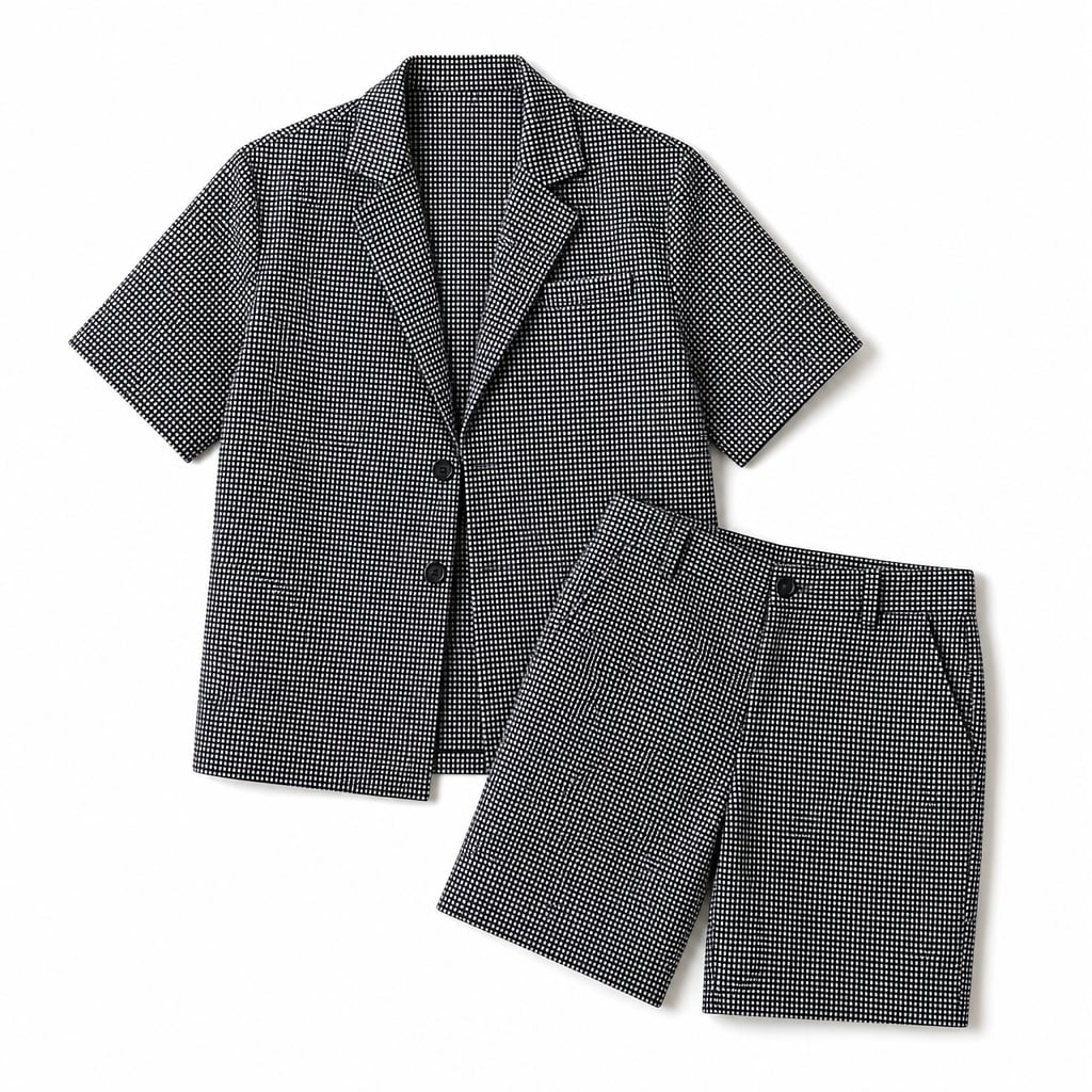 Mann trägt schwarzes Karo-Set aus Kurzarm-Blazer und Shorts, Slim Fit, aufrechte Pose, Ganzkörperaufnahme
