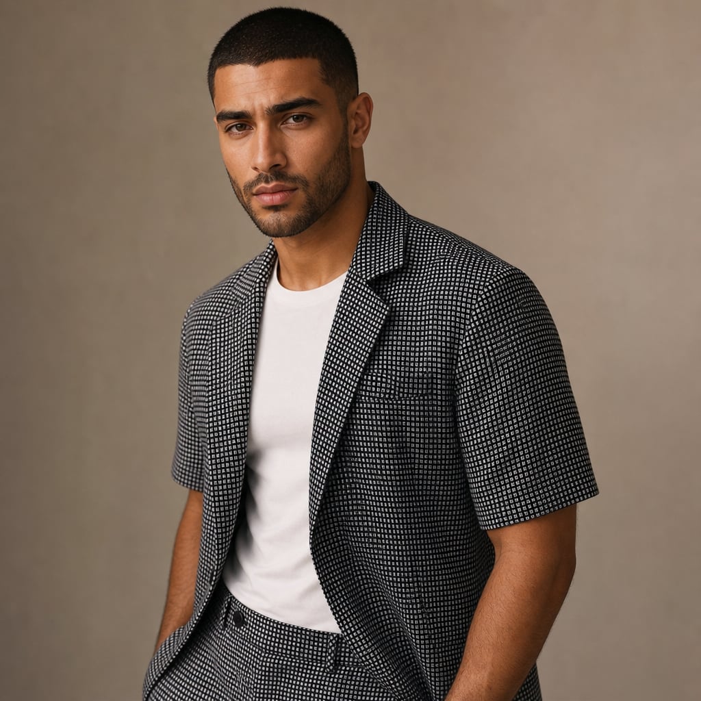 Kurzarm-Blazer Set Karo-Muster Slim Fit Schwarz – Stelvo