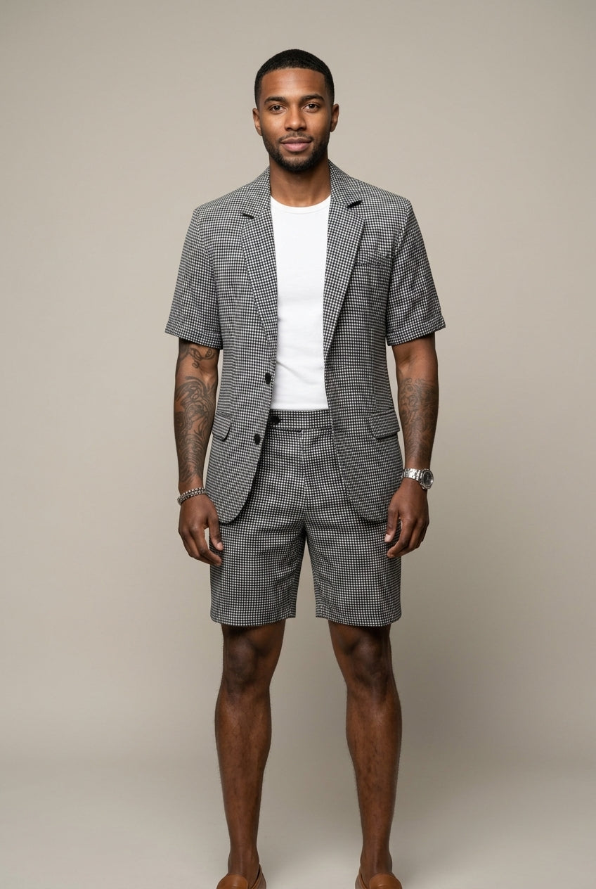 Kurzarm-Blazer Set Karo-Muster Slim Fit Schwarz – Stelvo