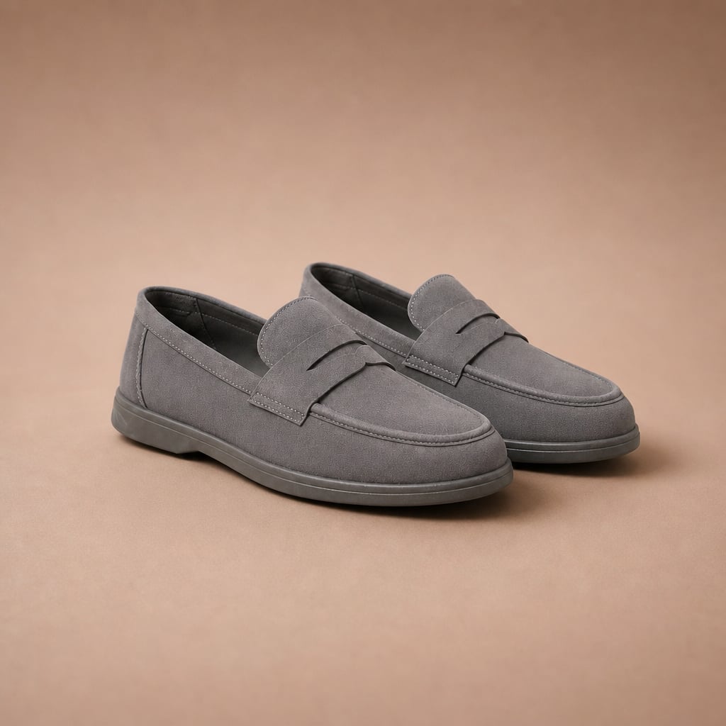 Grauer Slip-On Loafer in leichter Sommerkonstruktion — Seitenansicht auf hellem Untergrund