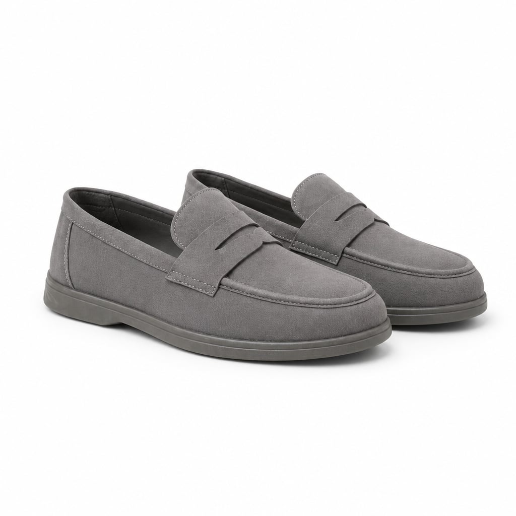 Loafer ohne Schnürsenkel in Grau, getragen zu Chinos in sommerlichem Ambiente