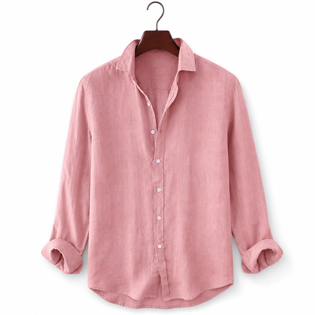 Mann trägt kurzärmeliges Leinenhemd Rosa mit Spreizkragen, entspannter Sommeroutfit