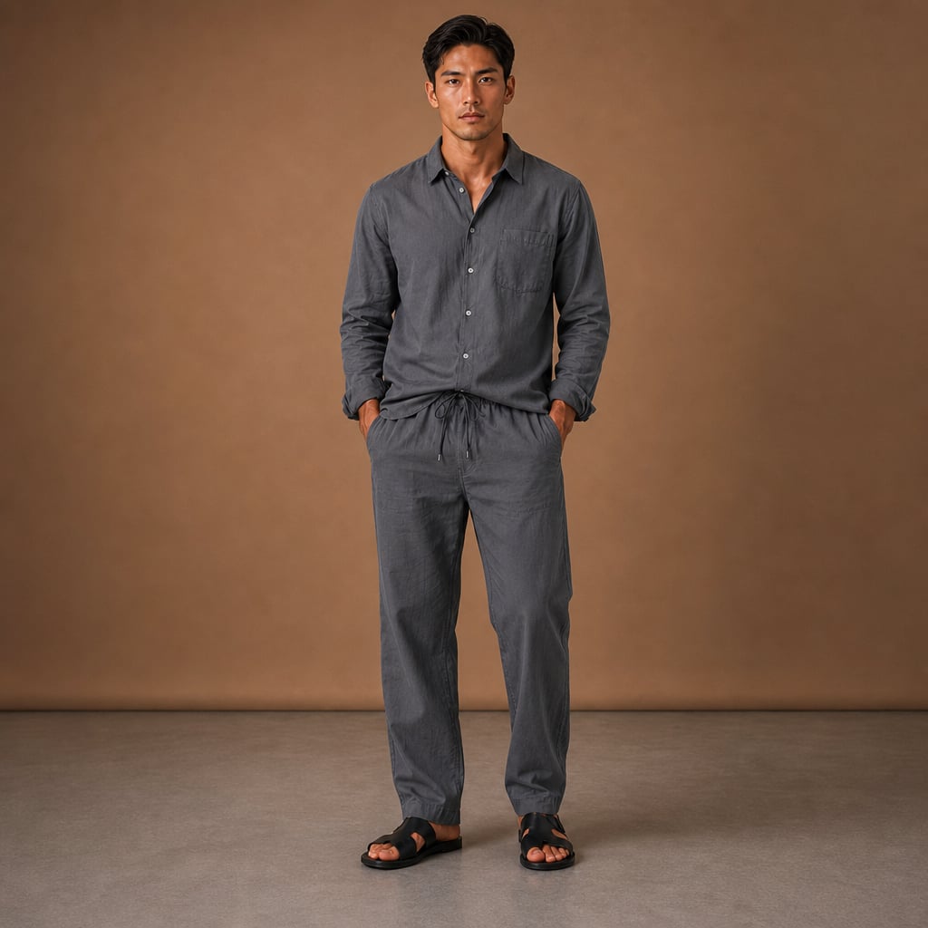 Zweiteiliges Leinen-Baumwoll-Set in Grau — Langarmhemd mit Kentkragen und abgestimmte Hose, Regular Fit, Smart-Casual-Look