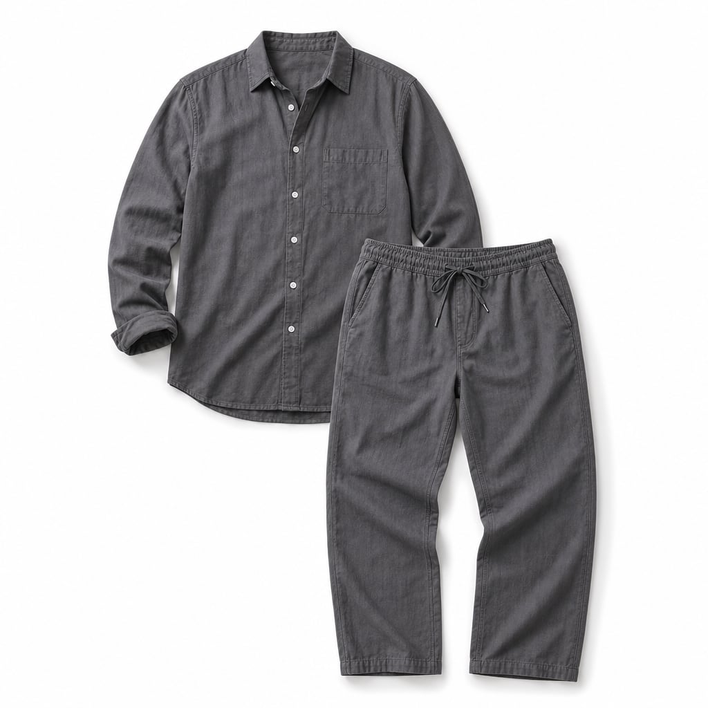 Mann trägt graues Leinen-Set mit Langarmhemd und Hose, aufgerollte Ärmel, entspannter Sommerauftritt