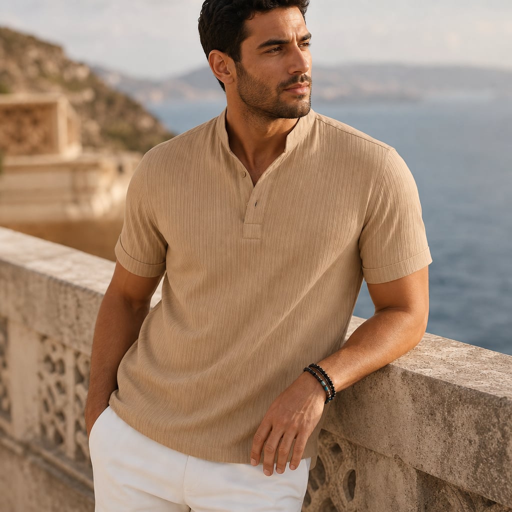Leinenhemd Stehkragen Regular Fit Kurzarm – Tate