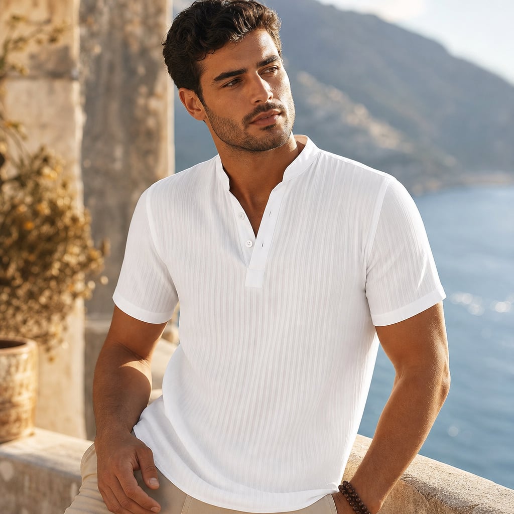 Leinenhemd Stehkragen Regular Fit Kurzarm – Tate