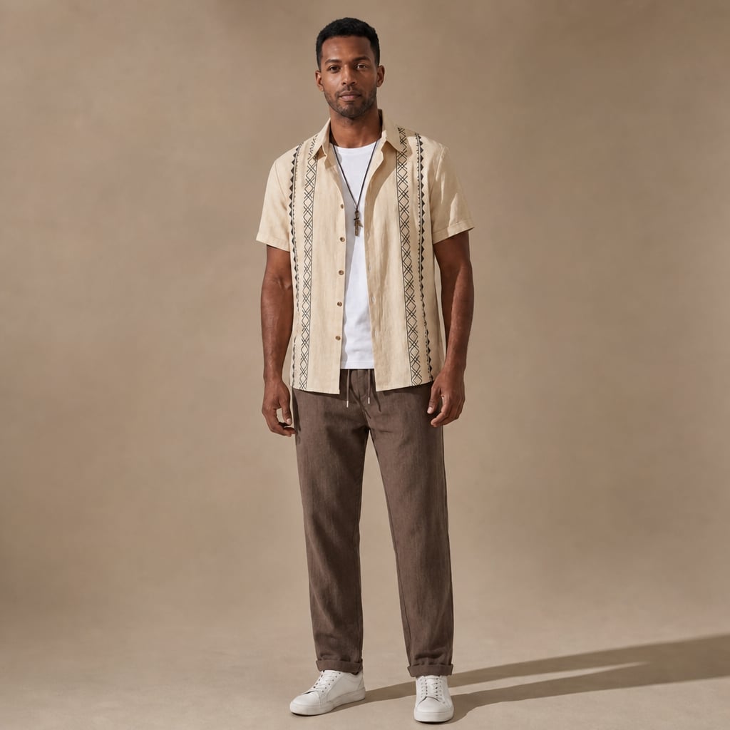 Zweiteiliges Leinenmischung-Set in Beige mit geometrischem Muster — Freizeithemd und gecroppte Hose kombiniert