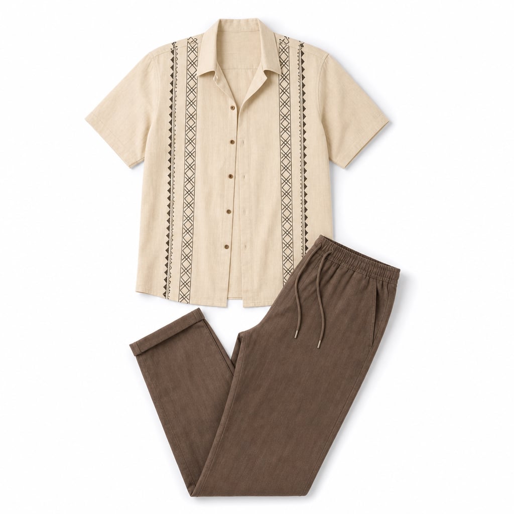 Mann trägt beiges Leinenmischung-Set mit geometrisch bedrucktem Hemd und gecroppter Hose, entspannte Sommerkleidung