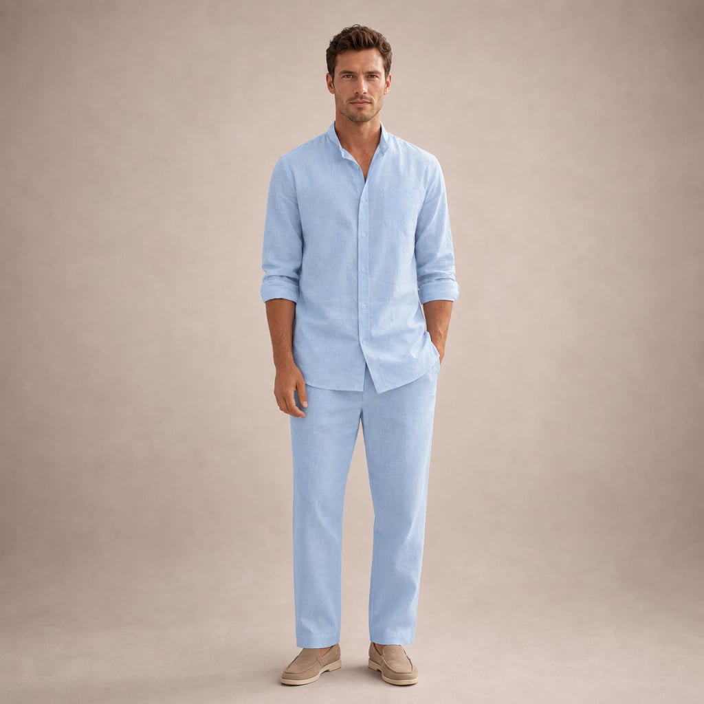Zweiteiliges Leinenset in Hellblau — Kurzarmhemd mit Kentkragen und Relaxed-Fit-Hose aus demselben Leinengewebe, Gesamtansicht
