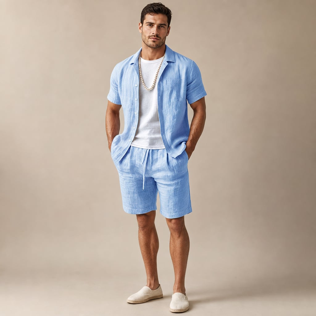 Leinenset Crest in Himmelblau — kurzärmeliges Hemd mit Kentkragen und passende Shorts aus 100 % Leinen, Regular Fit