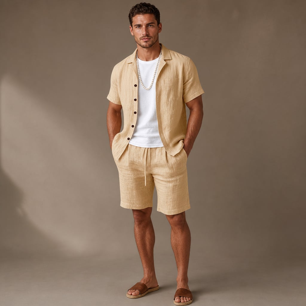 Mann trägt Leinenset Crest in Himmelblau mit Hemd und Shorts im Regular Fit, lässiger Sommerlook