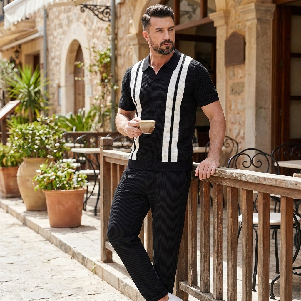 Strick-Polo & Waffel-Hose Set Gestreift – Vaxo