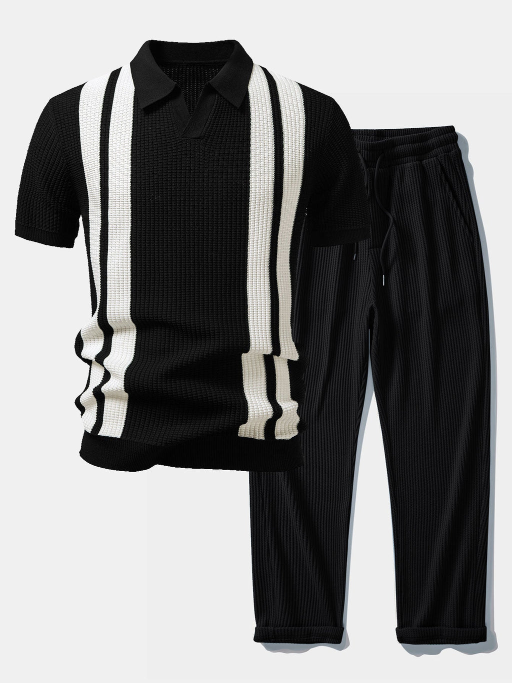 Strick-Polo & Waffel-Hose Set Gestreift – Vaxo