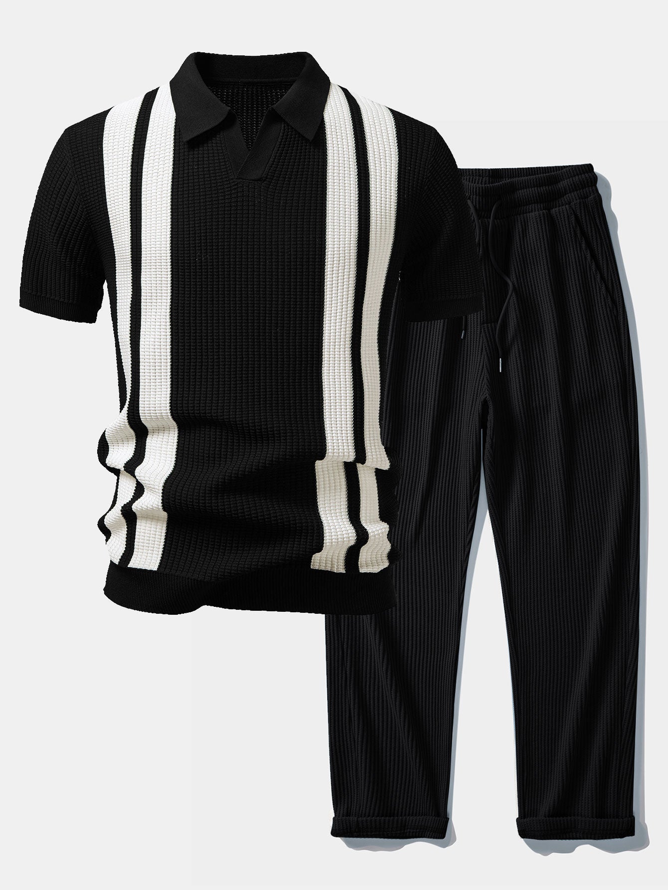 Strick-Polo & Waffel-Hose Set Gestreift – Vaxo