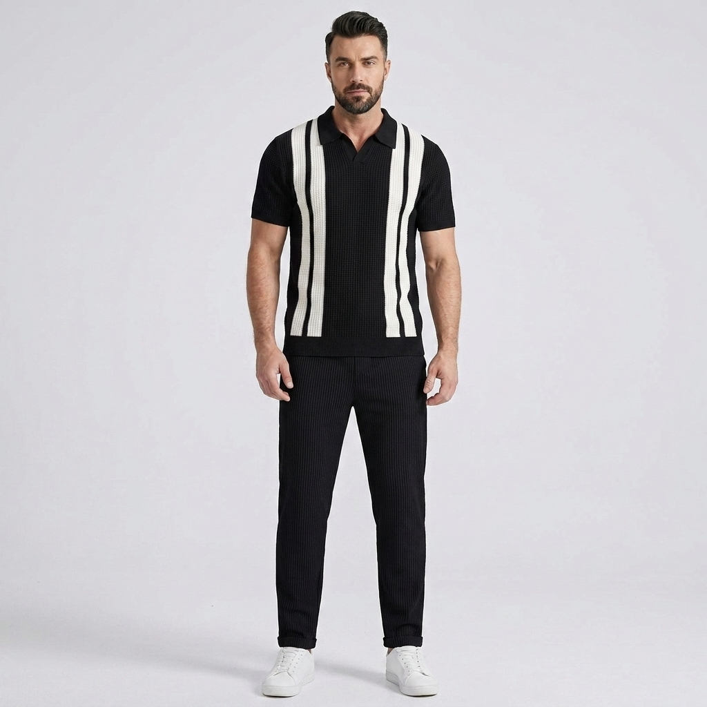 Strick-Polo & Waffel-Hose Set Gestreift – Vaxo