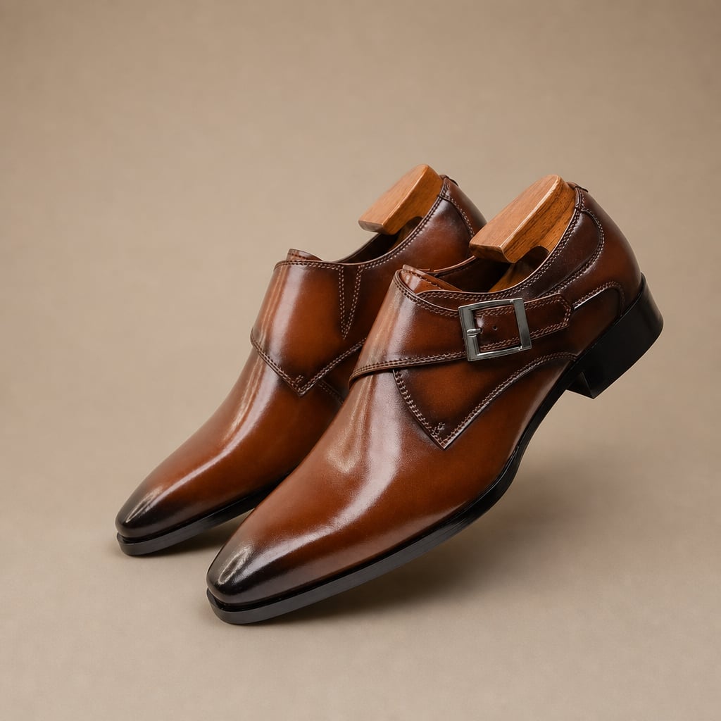 Monk-Strap-Schuh in Braun mit Mandelkappe und polierter Einzelschnalle, Frontansicht auf hellem Hintergrund